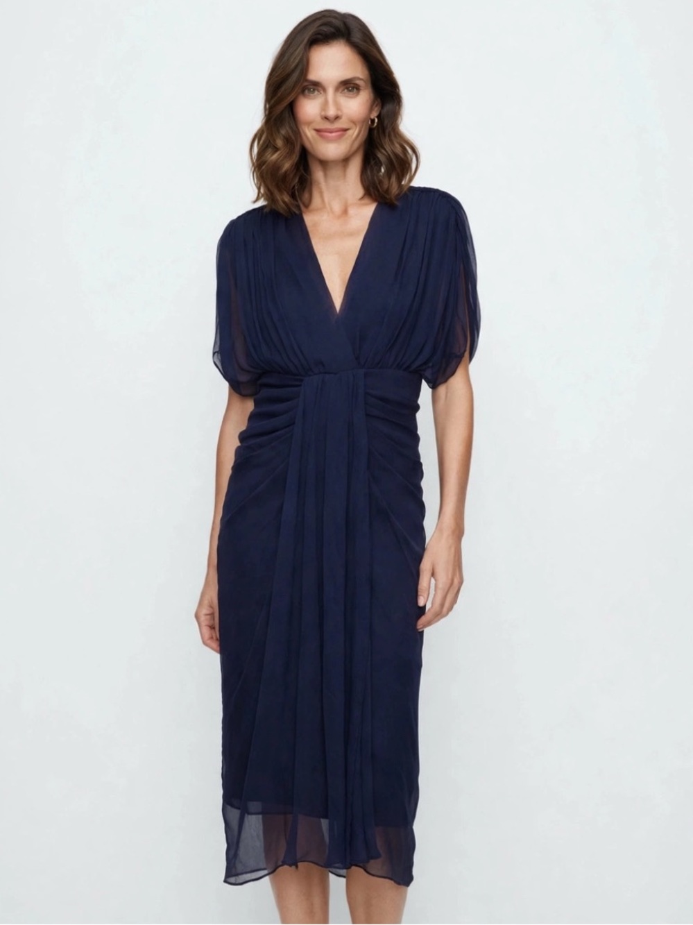 Diane von Furstenberg || Tull Silk Chiffon Cocktail Dress Waterfall Navy Blue 8